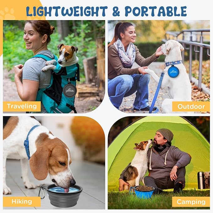 Collapsible Dog Bowls Medium, 2 Pack 22oz Portable Travel Dog Bowls, Foldable Water Bowl for Dogs Cats, Pet Feeding Watering Dish with Carabiner, Food Grade Silicone BPA Free(Blue+Black, M)