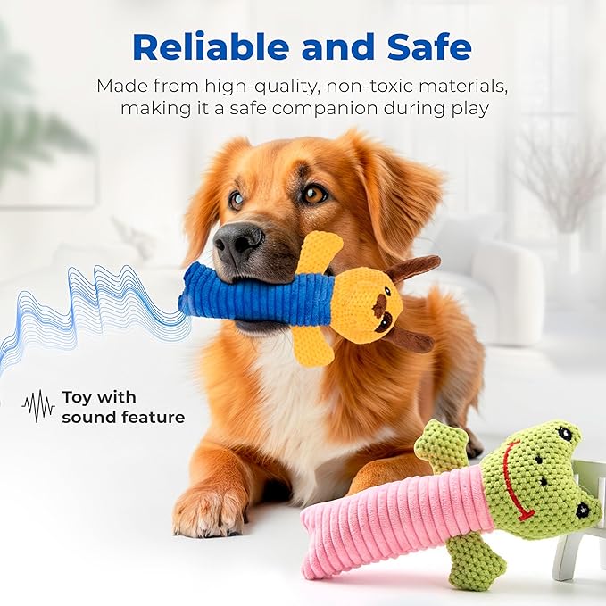 3 Piece Dog Toy Set — Stuffed Animals Chew Toy, Pet Squeakers Toys for Dogs — Durable Puppy Plush Toy Medium, Small Breed Outdoor, Indoor Chewers Squeaky Toys for Puppies — Calf, Frog, Puppy