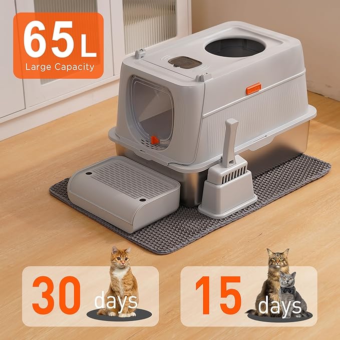 Citylife Stainless Steel Cat Litter Box with Lid, Front & Top Entry Extra Large Metal Kitty Litter Box Enclosure with Scoop & Double Layer Mat, Anti-Leakage, Non-Sticky, Light Grey