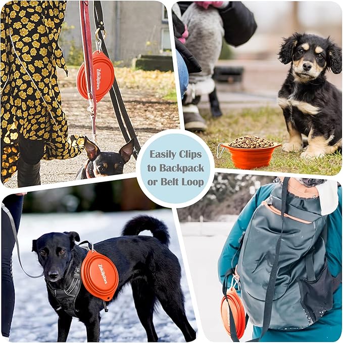 Silicone Dog Travel Bowl, 2 Pack Collapsible Pet Bowl, Foldable No Plastic Rim Pet Feeding Bowls, No Spill Water Cup for Pet