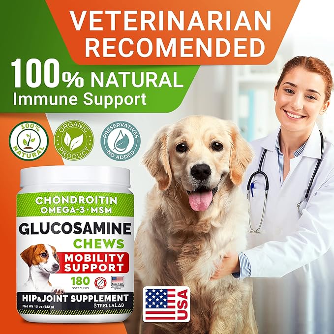 Glucosamine Treats for Dogs - Joint Supplement w/Omega-3 Fish Oil - Chondroitin, MSM - Advanced Mobility Chews - Joint Pain Relief - Hip & Joint Care - Bacon Flavor - 180 Ct - Made in USA