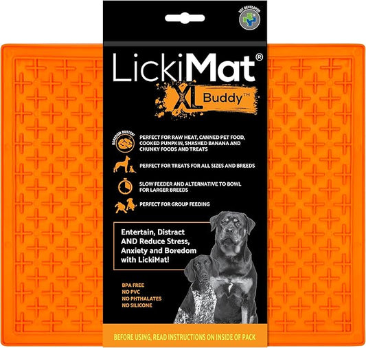 LickiMat X Large Breed Buddy Dog Lick Mat, Dog Calmer, Slow Feeder, Anxiety Reliever Alternative to Puzzle Toys, Slow Feeding Bowls. Use Peanut Butter, Wet, Raw, Mixed Food, Healthy Treats - Orange