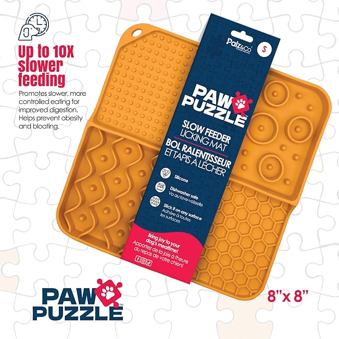 Palz&Co Paw Puzzle 2-in-1 Slow Feeder & Lick Mat for Dogs and Cats, Dry and Wet Food, Dishwasher Safe Silicone, Small 8"x8", Orange