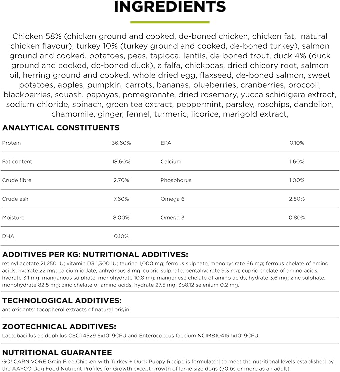 Go! Solutions Carnivore, Grain-Free, Protein Rich Dry Dog Food, Chicken, Turkey and Duck Puppy Recipe, Small Kibble, 3.5 lb Bag