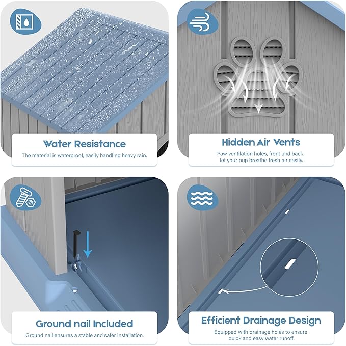 Large Dog House Outdoor Indoor for Medium Large Dogs, Durable Plastic Waterproof Doghouse with Air Vents and Elevated Floor, Easy Clean and Assemble (Blue, 36.2''LĂ38''WĂ38''H)