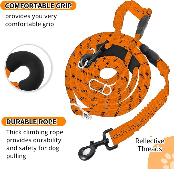 Heavy Duty Hands Free Dog Leash, 10FT Adjustable Handsfree Training With Shock Absorbing Bungee, No Pull Tangle Free Reflective Body Waist for Walking Running (Orange)