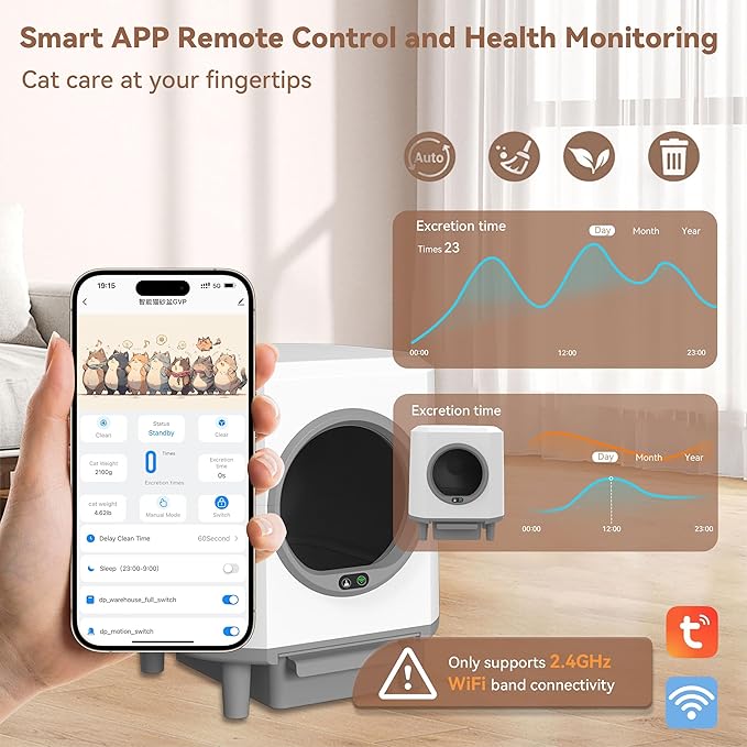 Self Cleaning Litter Box,90L Automatic Cat Litter Box Self Cleaning App-Controlled,Dual Safety Protection,1 Rolls Garbage Bags,White