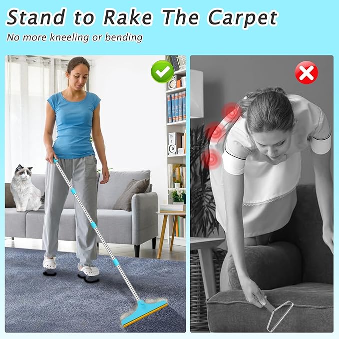 Carpet Rake for Pet Hair Removal - Reusable Pet Hair Remover, 60” Adjustable Long Handle Cat Dog Carpet Rake Scraper with Patented Design, Dog Hair Rake Brush for Rugs, Mats, Couch