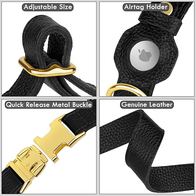 Leather Airtag Dog Collar - Soft Tracking Dog Collar with Apple AirTag Holder and Metal Buckle - Safety GPS Pet Collars for Small Medium Large Dogs Puppy Pink Red (Black, L, 17"-21" Neck Fit)