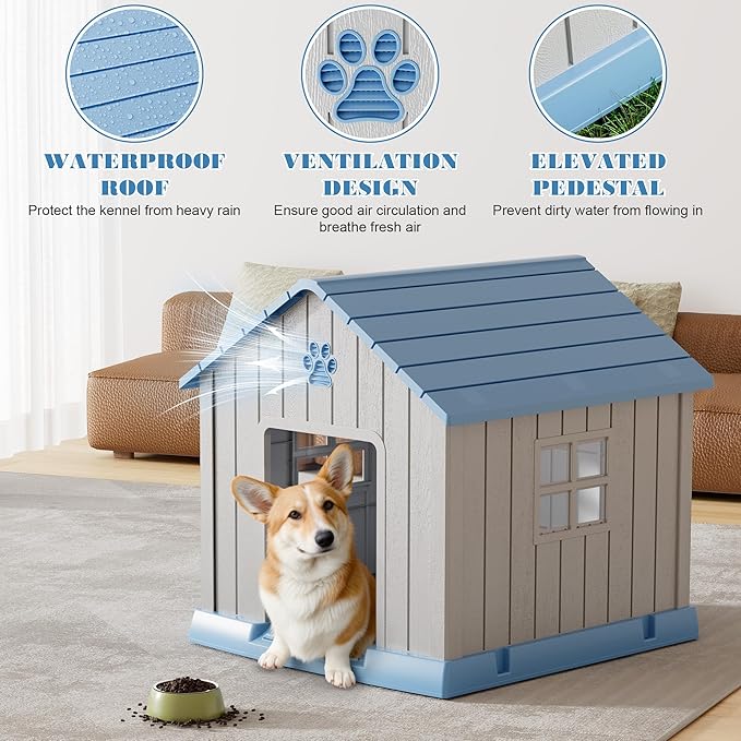 Large Dog House Outdoor Indoor for Medium Large Dogs, Durable Plastic Waterproof Doghouse with Air Vents and Elevated Floor, Easy Clean and Assemble (Blue, 31" L x 33.3" W x 33.5" H)