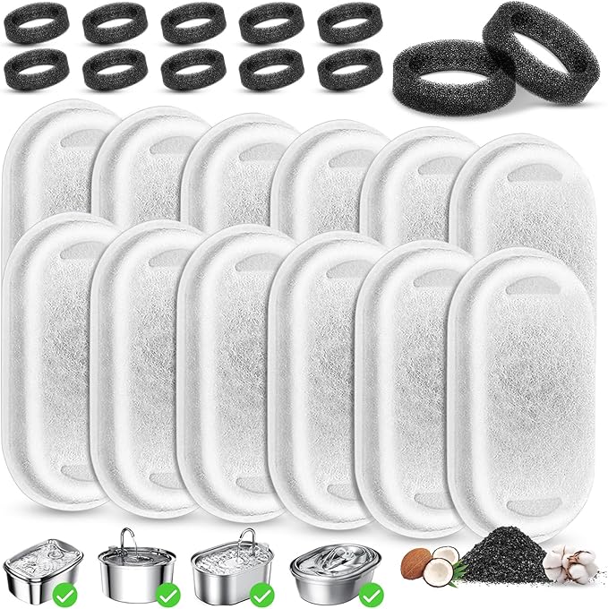 Cat Water Fountain Filter Replacement, 12 Pcs Cat Filters Pet Water Fountain Filters with 12 Pcs Sponges Foam for 67oz/2L & 108oz/3.2L Stainless Steel Automatic Cat Water Fountain Dispenser Filters