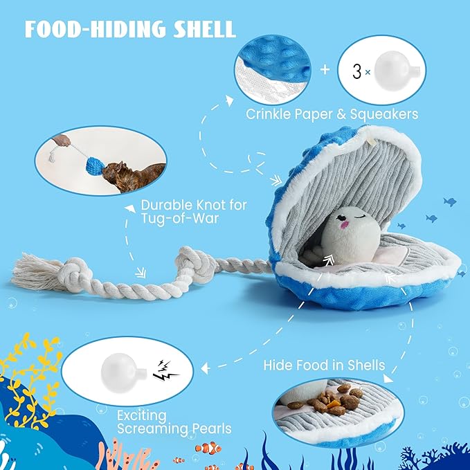 Nocciola 4 Packs Crinkle Squeaky Dog Toys for Aggressive Chewers, Durable Stuffed Plush Rope Tug Puppy Toy for Small, Medium Large Dogs, Octopus Fish Ocean Beach Summer, Dog Birthday Gifts