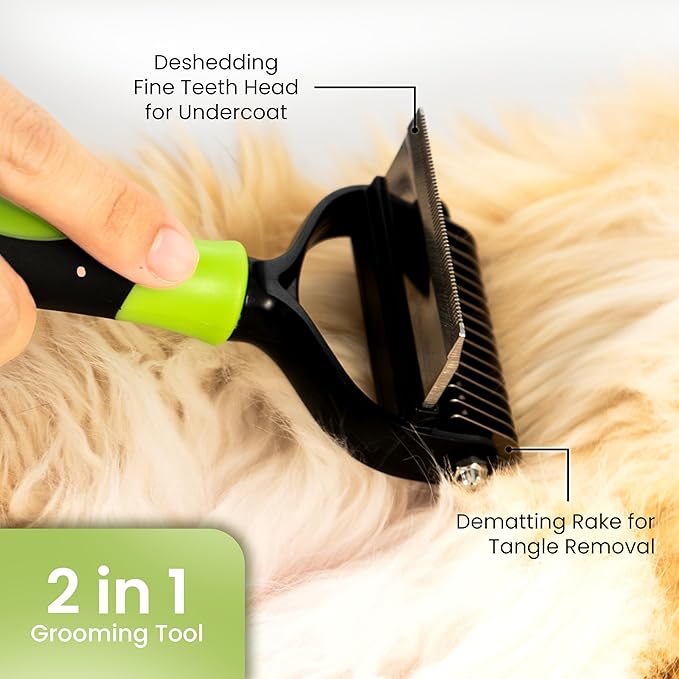 CATTASAURUS Cats & Dogs Grooming Brush for Shedding - 2 in 1 Deshedding Tool and Undercoat Rake for Long and Short Haired Dogs with Double Coat - Dematting Comb and Pet Hair Deshedder Supplies