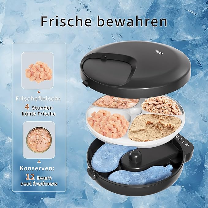 Automatic Cat Feeder Wet Food, Whisker-Friendly Automatic Cat Food Dispenser True 4-Meal Design with Locking Lid, Smart Timer Feeder for Wet Cat/Dog ,2-Ice Packs, Easy to Clean (Black)