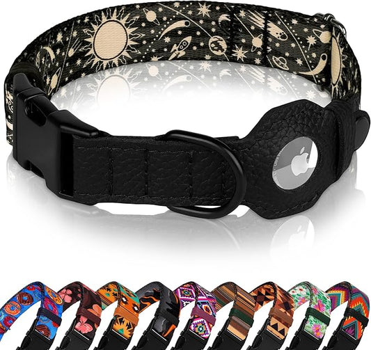 AirTag Dog Collar with Metal Buckle - Soft Leather Printed Nylon Dog Collar with Apple AirTag Holder - Cute Tracking GPS Pet Collars for Girl Boy Small Large Dogs (S, 12"-15" Neck Fit, Space)