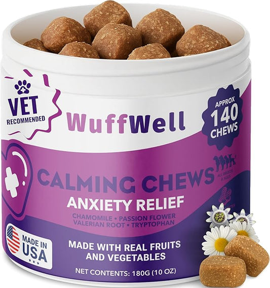 Calming Chews for Dogs Relaxation & Hyperactivity – Chamomile, Passion Flower, Valerian Root & Tryptophan Infused Calming Bites for Dog Anxiety Relief – Made in USA – 140 Count