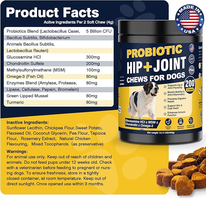 Hip and Joint Supplement for Dogs Dog Probiotics Glucosamine Chondroitin MSM Chew for Dog Arthritis Pain Relief Extend Joint Care, Probiotic for Digestive/Gut Health for Large/Small/Senior Breed Dogs