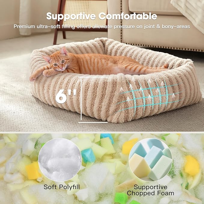 MIXJOY Small Dog Beds for Small Dogs, Washable Dog Bed with Removable Cover, Rectangle Pet Beds, Warming Soft Calming Sleeping Puppy Bed with Non-Slip Bottom, 20"x19"x6", Beige