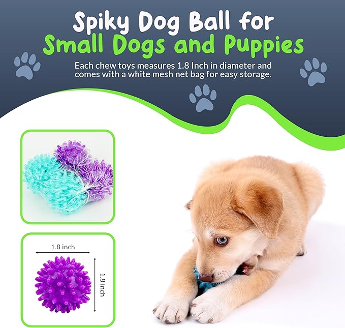 Spiky Dog Ball 1.8 Inch Squeaky Toy for Small Dogs Aggressive Chewers Puppy Teething Toys Dog Spike Ball for Training and Teeth Cleaning - 8 Pack