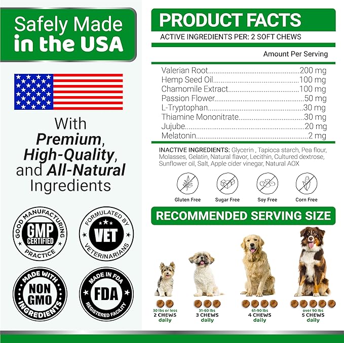 YUMA'S Hemp Calming Chews for Dogs - Advanced Dog Calming Chews - 170 Chews - Anxiety Relief Treats - Separation Aid, Barking, Stress Relief, Thunderstorms - Melatonin - Hemp Oil - Made in USA