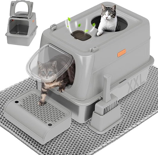 Citylife Stainless Steel Cat Litter Box with Lid, Front & Top Entry Extra Large Metal Kitty Litter Box Enclosure with Scoop & Double Layer Mat, Anti-Leakage, Non-Sticky, Light Grey