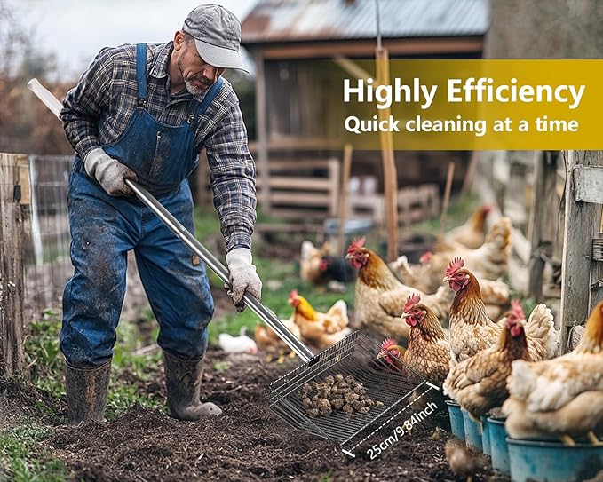 Large Metal Chicken Poop Scooper, Detachable 20 to 63 inches Long Metal Handle, Stainless Steel Chicken Coop Cleaning Tool, Heavy-Duty Pooper Sifting Shovel for Chicken Coop Accessories