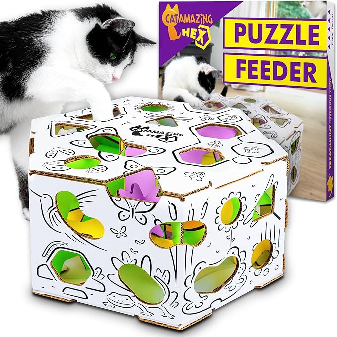 HEX – Interactive Cat Treat Puzzle Box & Puzzle Feeder – Treat Maze Box for Indoor Cats – Enrichment Food Dispenser Toy!