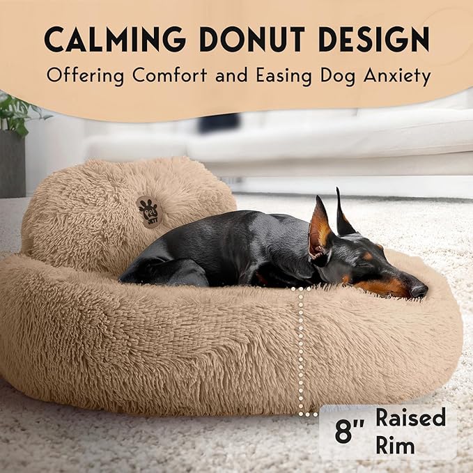 PetJett Calming Large Dog Bed - 36'' Donut Dog Beds, Anti-Slip & Washable Large Round Bed, Fluffy Faux Fur Pet Bed, Super Soft Anti-Anxiety Premium Comfort Bed, Fits Dogs up to 100 lbs - Beige