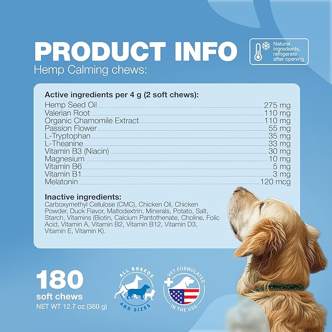 Hemp Calming Chews for Dogs Anxiety - Dog Calming Treats with Melatonin, Valerian Root, Chamomile Extract & Vitamin B Complex - Canine Chews for Vet Visits, Grooming, Travel, Thunderstorms, Fireworks