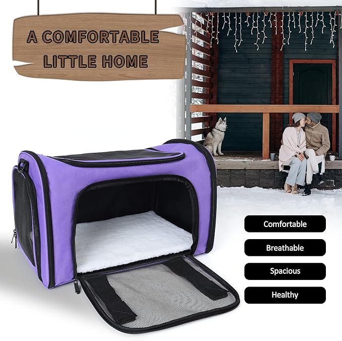 Mile High Life | Outdoor Travel Pet Carrier | Kitty Puppy Cat Carriers | Collapsible Dog Carrier for Small Medium Dogs | Cat Crates w Breathable Mesh with Soft-Sided (Purple, Large)