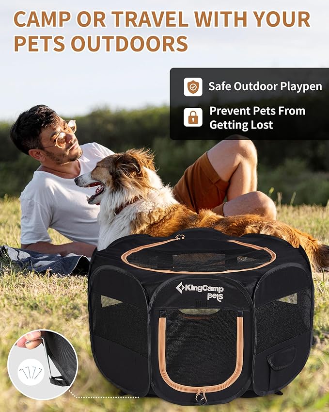 KingCamp Dog Playpen, Portable Foldable Cat Kitten Puppy Tent Crates 29"/36"/50" Pop Up Pet Playpen with Zippered Bottom & Cover for Indoor Outdoor Use (Medium, Black)