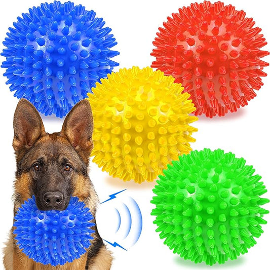Dog Balls 4.5” Squeaky Dog Toys Spikey Ball for Aggressive Chewers Heavy Duty Teething Large Medium Durable Dogs Balls (4 Pack)
