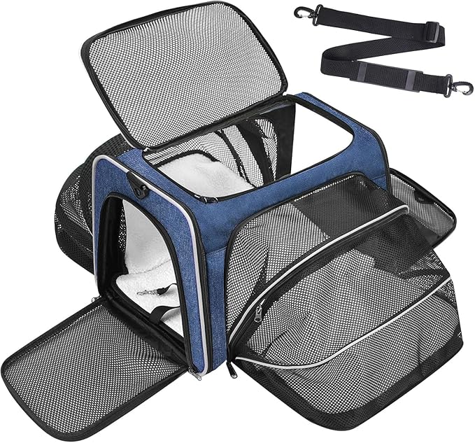 Cat Dog Carrier Bag - Expandable Soft-Sided Travel Pet Carrier with Ventilated Mesh, Fleece Pad, 18x11x11 Inch for Kitten, Rabbit, Puppy,Guinea Pig, Small Animal, Airline Approved