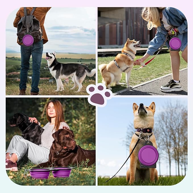 Pawaboo 2-in-1 Collapsible Dog Bowls, Dual Puppy Food and Water Bowls, 180° Flip Over Portable Silicone Dog Bowl with Metal Hook, 450ml Pet Travel Feeder Bowl for Walking Hiking Camping, Purple