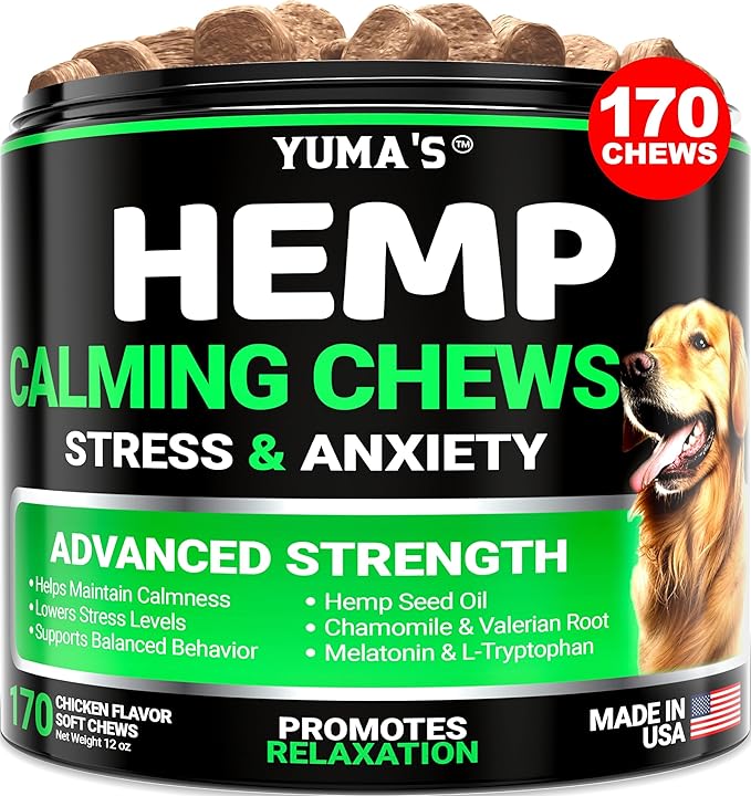 YUMA'S Hemp Calming Chews for Dogs - Advanced Dog Calming Chews - 170 Chews - Anxiety Relief Treats - Separation Aid, Barking, Stress Relief, Thunderstorms - Melatonin - Hemp Oil - Made in USA