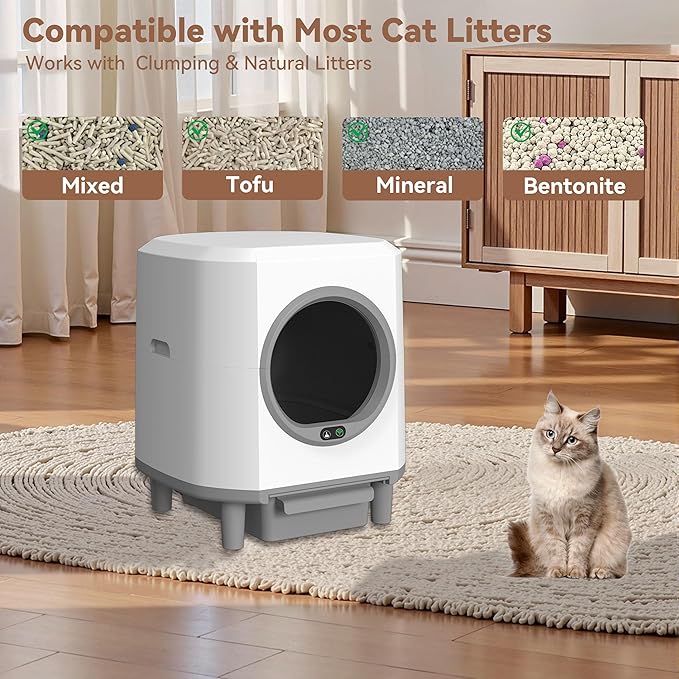 Self Cleaning Litter Box,90L Automatic Cat Litter Box Self Cleaning App-Controlled,Dual Safety Protection,1 Rolls Garbage Bags,White