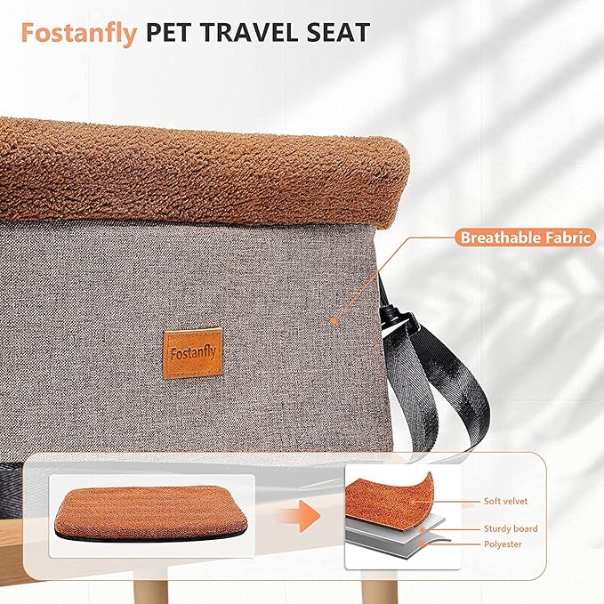 Fostanfly Dog Car Seat for Small Dogs, Upgraded Pet Booster Seat with Metal Frame, Doggy Pet Carseat with Washable Thick Cushion Safety Leash and Storage Pockets