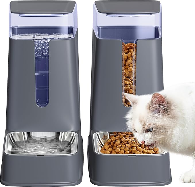 Automatic Cat Feeder and Cat Water Dispenser Set with Stainless Steel Bowls Gravity Dog Feeder for Small Medium Big Dog Pets Puppy Kitten, 3.8Lx 2
