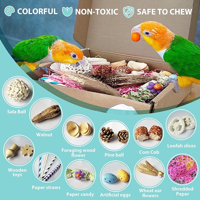 Large Bird Foraging Toy - Natural Shreddable Chew Toys Box for Conures, Cockatiels, Lovebirds & Budgies | Enrichment Activity with Colorful Textures (for Small-Medium Birds)