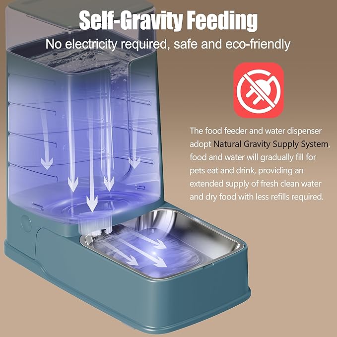 Automatic Cat Feeder and Cat Water Dispenser Set with Stainless Steel Bowls Gravity Dog Feeder for Small Medium Big Dog Pets Puppy Kitten, 3.8L x 2 (Cyan)
