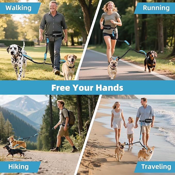 Hands Free Dog Leash, Shock Absorbing Waist Leash for Dog Walking, Jogging, Hiking, Adjustable Waist Belt with Fanny Pack & Handle, Reflective Pet Running Belt for 2 Small, Medium, Large Dogs