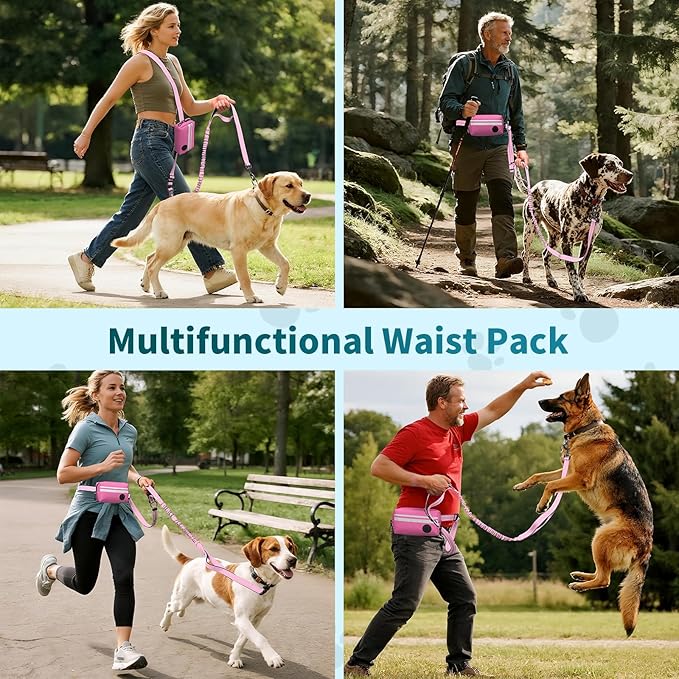 Hands Free Dog Leash with Removable Zipper Pouch, Dual Padded Handles and Durable Bungee for Walking, Jogging and Running-Pink