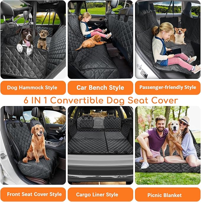 URPOWER 6-in-1 Dog Car Seat Cover for Back Seat, Waterproof Dog Car Hammock with Mesh Window, Non-Slip Pet Backseat Protector for Cars, Trucks and SUVs