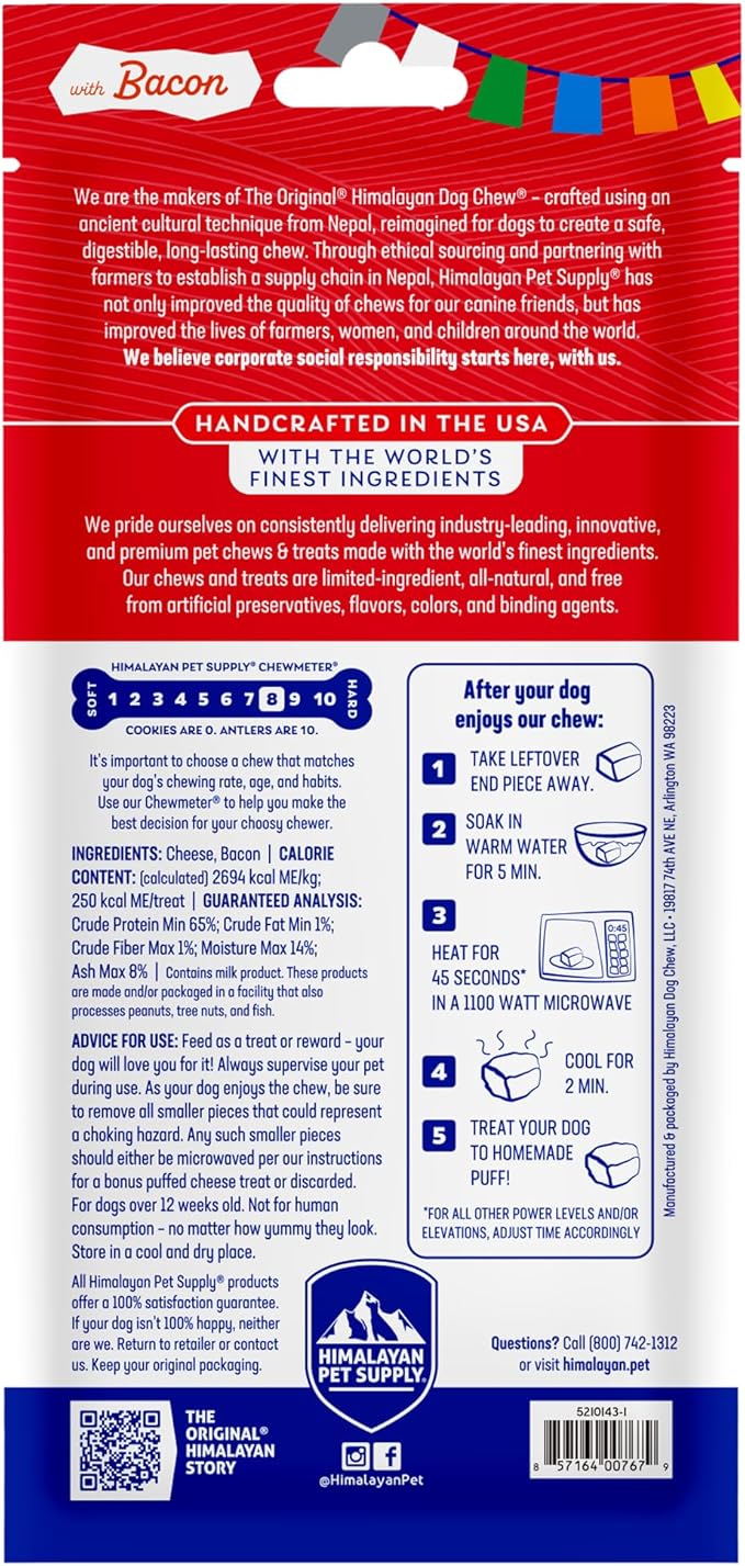 Himalayan Chew Original Yak Cheese Chew, Bacon, 1 Large Stick, 3.3 oz, Gluten Free, Healthy Treats, Grain & Lactose Free 100% Natural, Long Lasting Chews for s Under 55 lbs