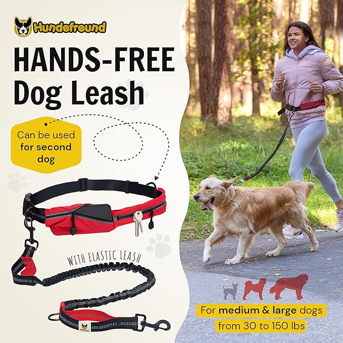 Hundefreund Hands Free Dog Leash for Medium and Large Dogs (30-150lbs) - Dual Handle Waist Leash for Running, Walking and Hiking with Adjustable Zipper Waist Belt and Reflective Elastic Bungee (Red)