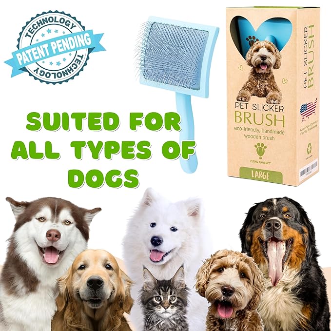 Pet Slicker Brush With Soft Massage Grooming Stainless Steel Pins - For Dematting, Shedding Fur, and Undercoat - Ideal Gift for Professional Pet Groomers - Long Slicker Brush - Flying Pawfect