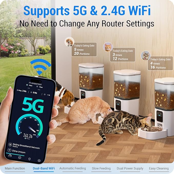 Automatic Cat Feeder with Slow Feed: 5G WiFi Automatic Dog Feeder with APP Control, 7L Auto Cat Food Dispenser with Alexa for Multiple Pets, Detachable for Easy Cleaning - 29 Cup