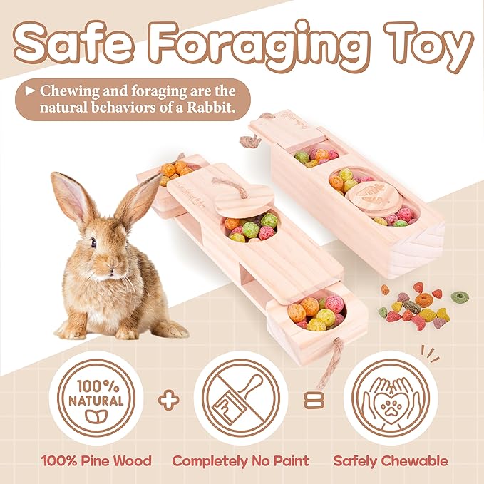 Interactive Wooden Pet Sniff n' Snack Rabbit Chew Toys - Chinchilla & Rabbit Enrichment Toys for Boredom (2 Set)