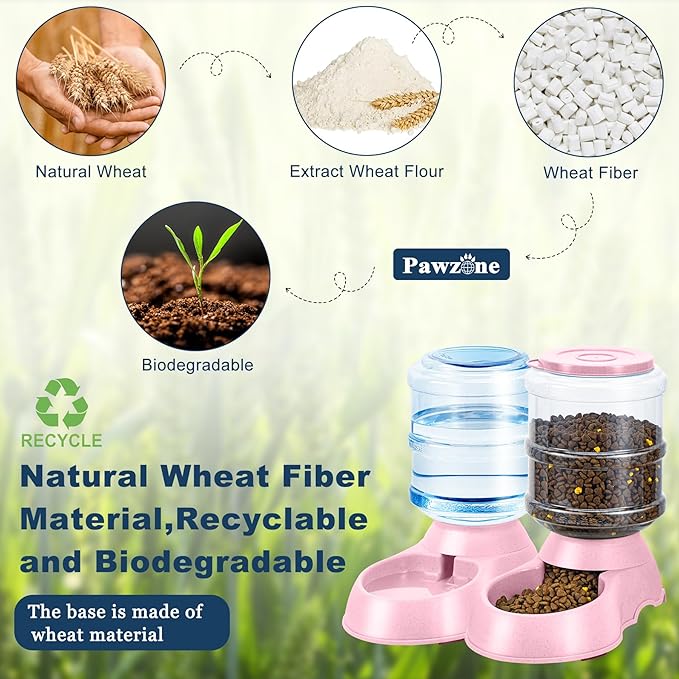 2 Pack Automatic Cat Feeder and Water Dispenser in Set Gravity Food Feeder and Waterer Pet Food Bowl for Small Medium Dog Pets Puppy Kitten Big Capacity 1 Gallon x 2 (Pink)