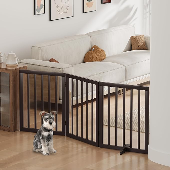 Freestanding Foldable Dog Gate - Indoor Pet Gate with Metal Support Feet, Room Divider 3 Panels (Brown)